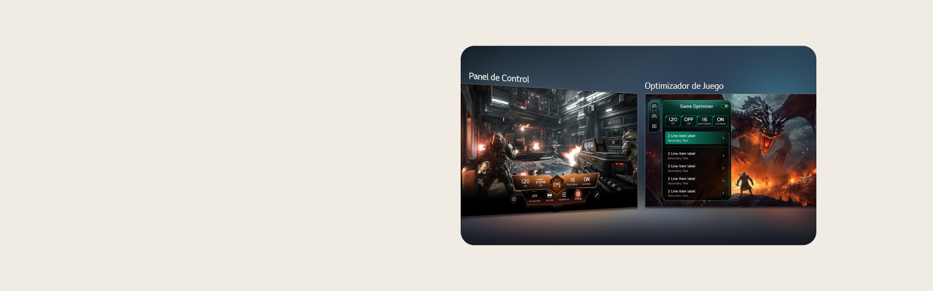 LG OLED evo AI G6 con Panel de Control y Optimizador de Juego muestra pantallas de juego en paralelo y un menú en pantalla para ajustar la frecuencia de actualización, la latencia y los modos visuales en tiempo real.